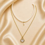 Double layer heart pendant gold necklace | Miraya Creations