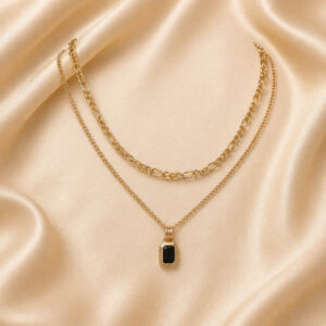 A double layer gold necklace with black stone pendant | Miraya Creations