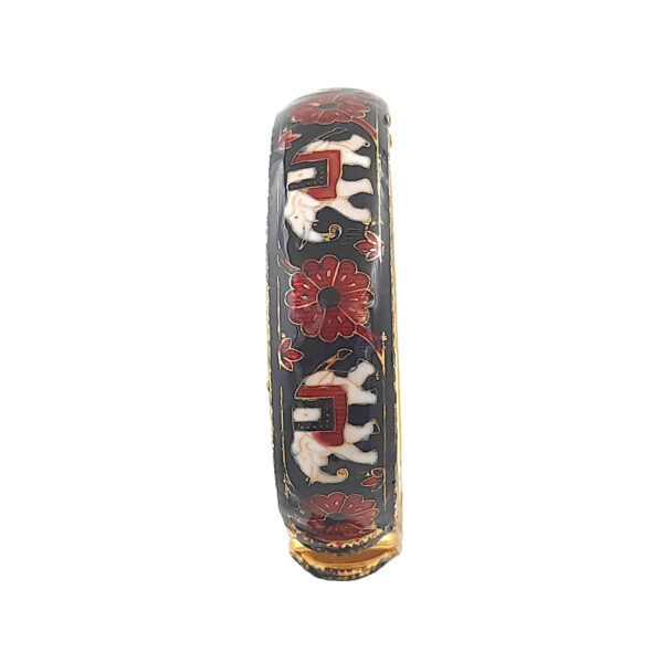Black Enamel Kada Bracelet with White Elephant and Red Floral Motif