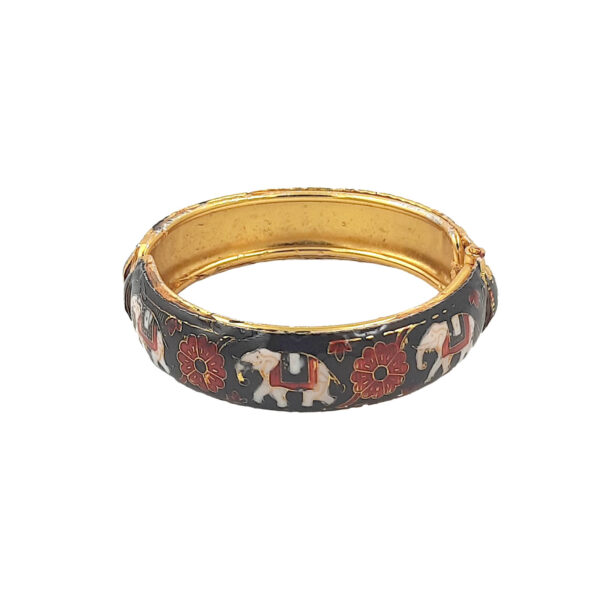 Black Enamel Kada Bracelet with White Elephant and Red Floral Motif