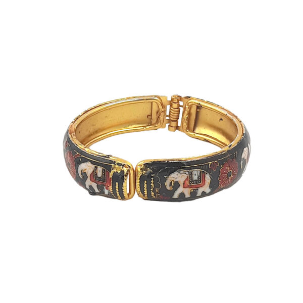 Black Enamel Kada Bracelet with White Elephant and Red Floral Motif