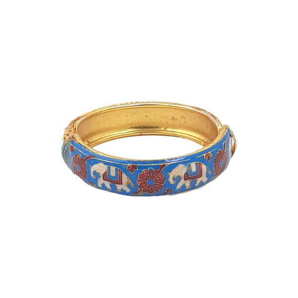Royal Blue Enamel Kada Bracelet with White Elephant and Floral Detailing