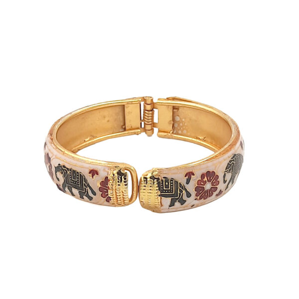 Royal Ivory Enamel Kada Bracelet with Elephant and Floral Motifs