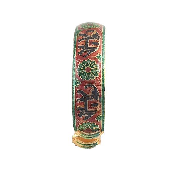 Maroon and Green Enamel Kada Bracelet with Elephant and Floral Motifs