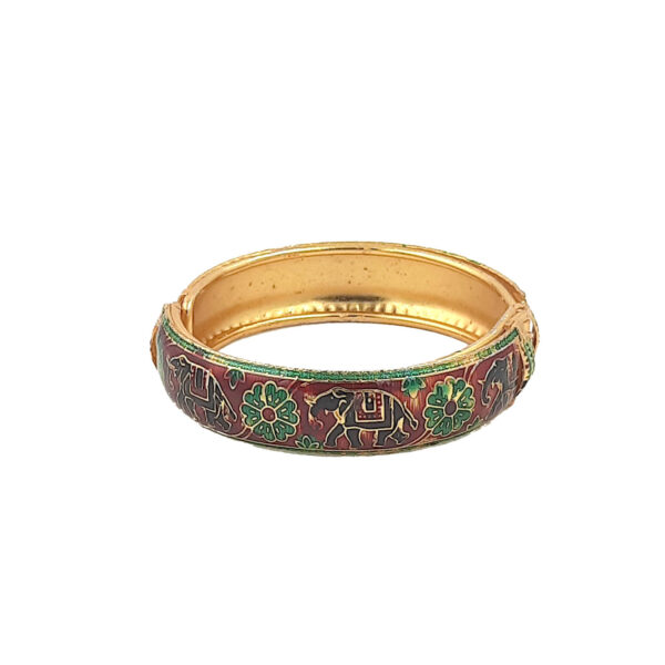 Maroon and Green Enamel Kada Bracelet with Elephant and Floral Motifs