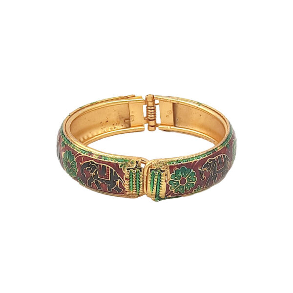 Maroon and Green Enamel Kada Bracelet with Elephant and Floral Motifs