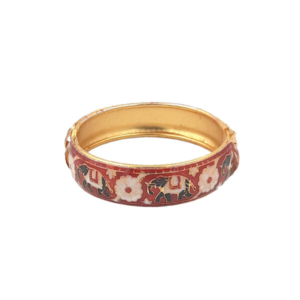 Red Enamel Kada Bracelet with Elephant and White Floral Design