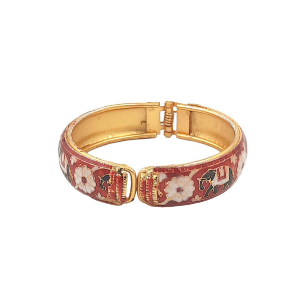 Red Enamel Kada Bracelet with Elephant and White Floral Design