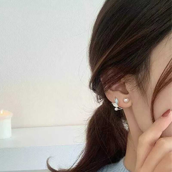 Nature-Inspired Pearl Leaf Earrings with Crystal Accents