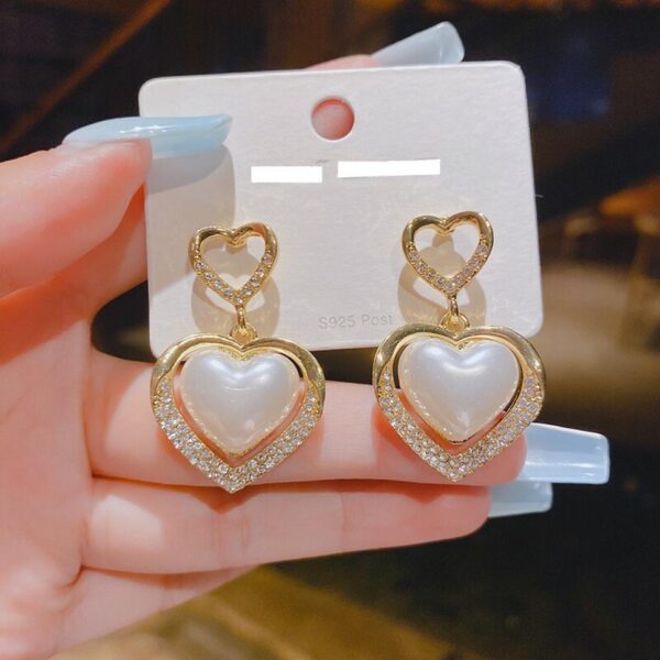 Gold-Plated Pearl Heart Drop Earrings with Crystal Detailing