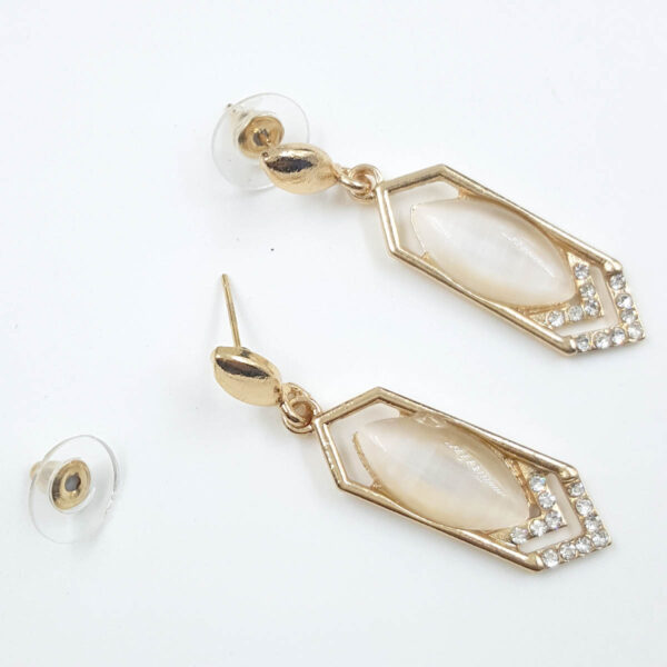 Art Deco-Inspired Drop Earrings with White Stone Center and Crystal Accents