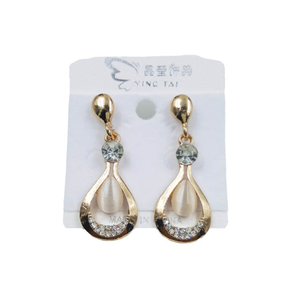 Teardrop Gold-Tone Earrings with White Bead and Crystal Accents