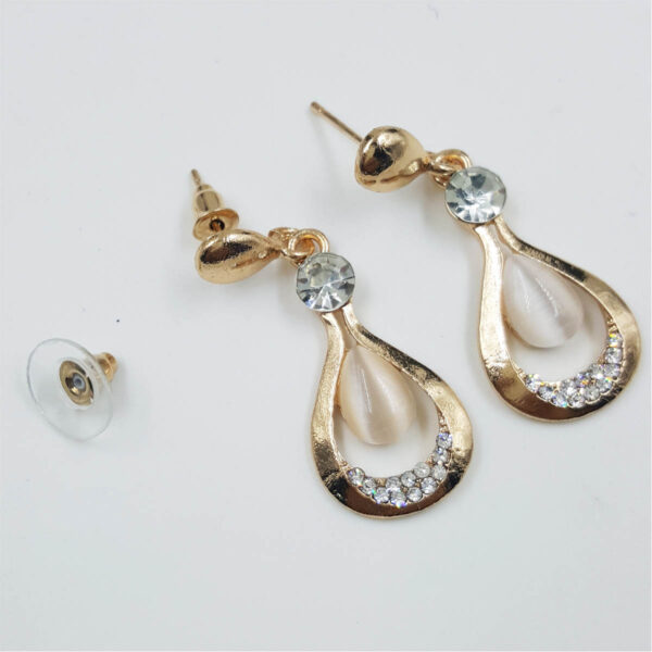 Teardrop Gold-Tone Earrings with White Bead and Crystal Accents