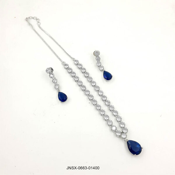 Regal American Diamond Necklace & Earring Set with Sapphire Blue Drop Accents