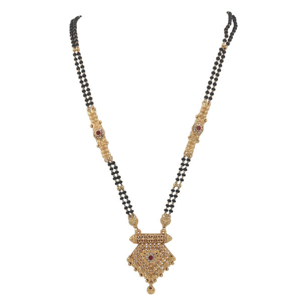 Elegant Traditional Gold-Tone Mangalsutra with Black Beads and Red Stone Detailing