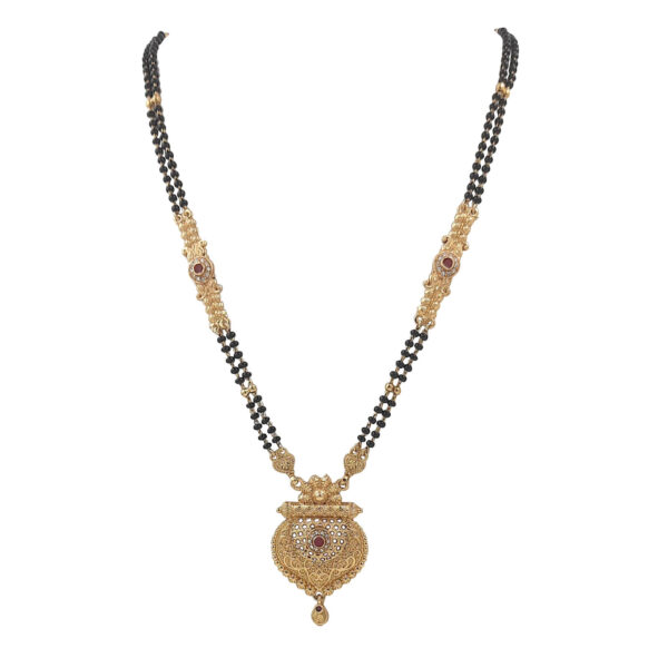 Traditional Gold-Tone Mangalsutra with Floral Engraved Pendant and Red Stone Accents