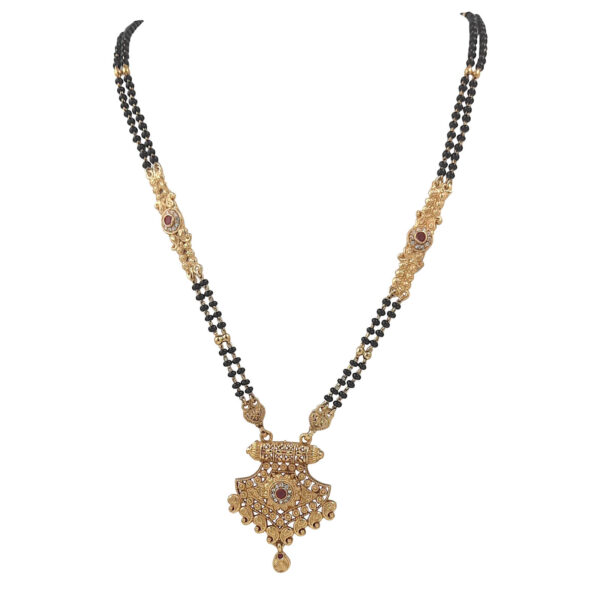 Classic Gold-Tone Mangalsutra with Textured Pendant and Red Stone Centerpiece