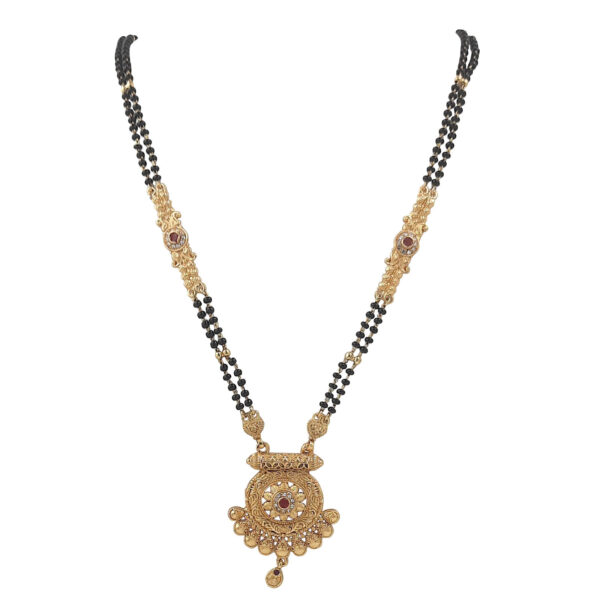 Antique Finish Round Pendant Mangalsutra with Red Stone Accents