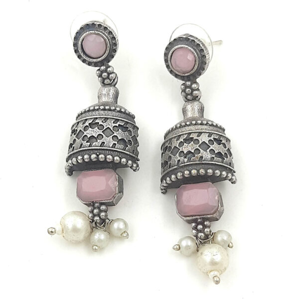 Antique Pink Beaded Oxidized Jhumka Earrings