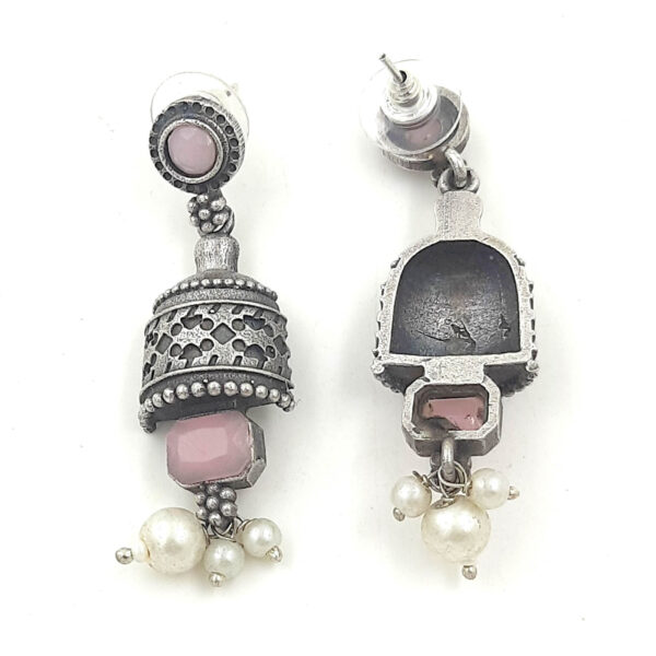 Antique Pink Beaded Oxidized Jhumka Earrings