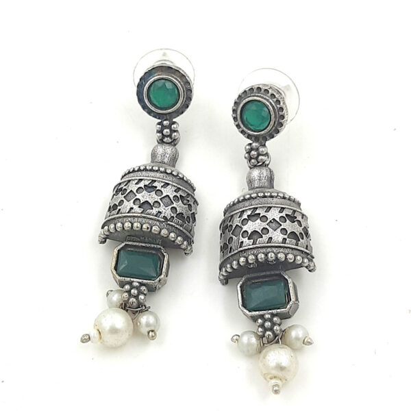 Antique Green Beaded Oxidized Jhumka Earrings