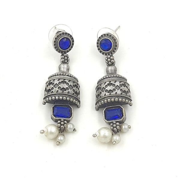 Royal Blue Oxidized Silver Jhumka Earrings