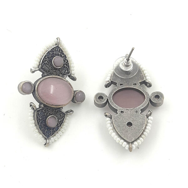 Classic Pink Stone Oxidized Stud Earrings