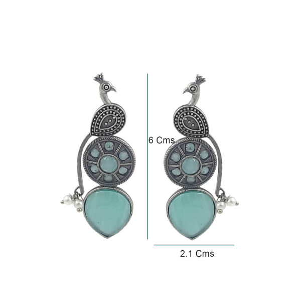 Elegant Peacock Oxidized Earrings with Aqua Green Accents