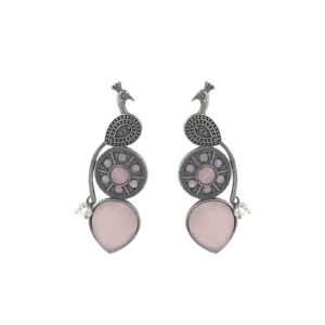 Graceful Peacock Oxidized Earrings with Pink Accents