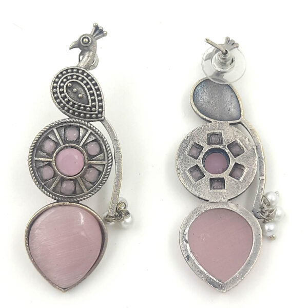 Graceful Peacock Oxidized Earrings with Pink Accents
