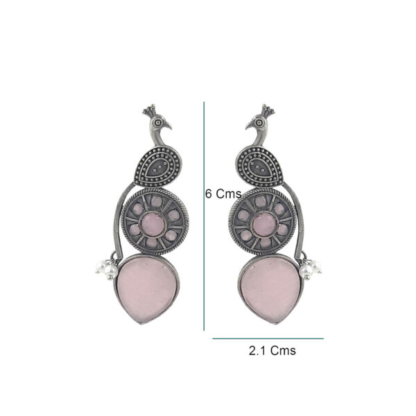 Graceful Peacock Oxidized Earrings with Pink Accents