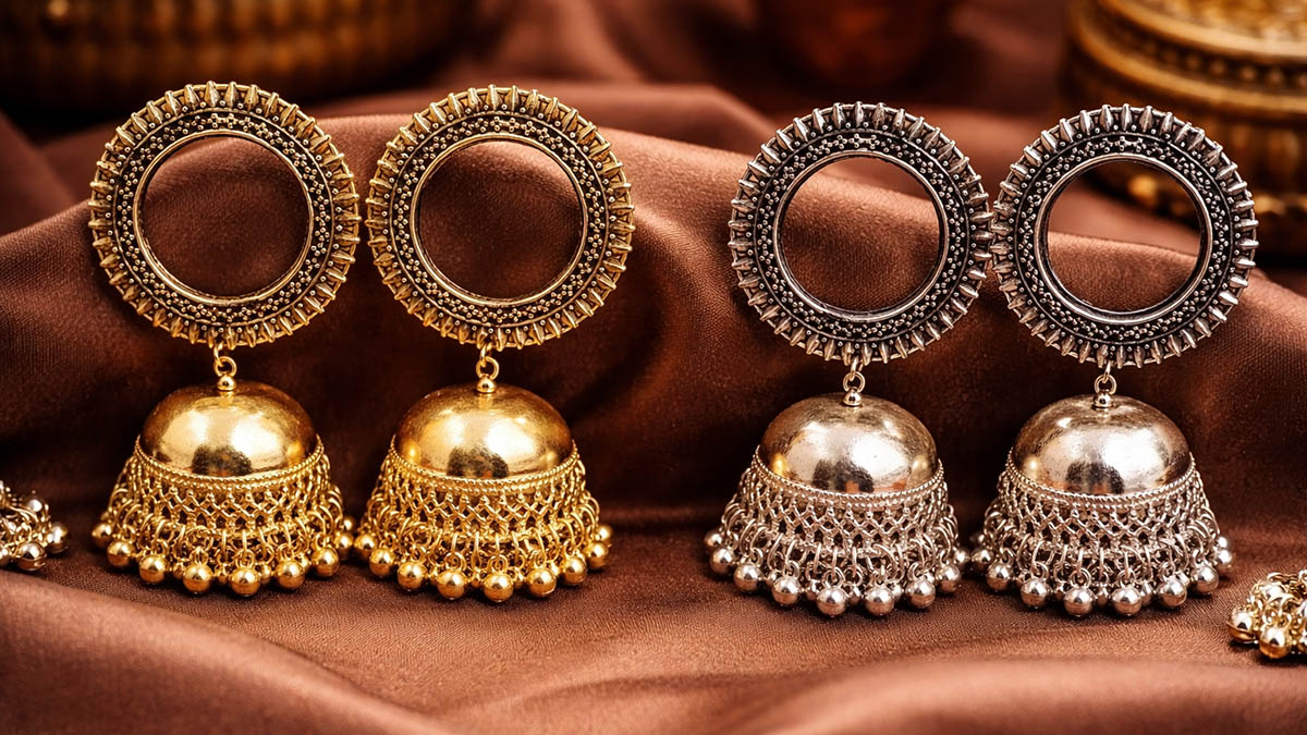 oxidised Silver and gold jhumki earrings for women