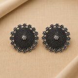 Oxidised floral stud earrings for women silver look round ethnic studs
