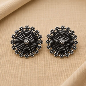Oxidised floral stud earrings for women silver look round ethnic studs