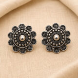 Oxidised floral stud earrings for women traditional silver look round ethnic studs