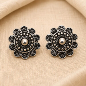 Oxidised floral stud earrings for women traditional silver look round ethnic studs