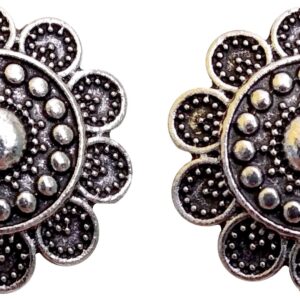 Oxidised floral stud earrings for women traditional silver look round ethnic studs