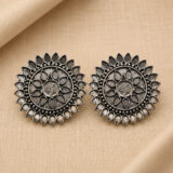 Oxidised sunflower stud earrings for women silver look floral ethnic studs
