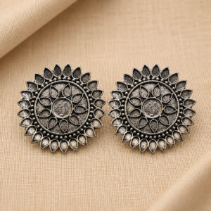 Oxidised sunflower stud earrings for women silver look floral ethnic studs