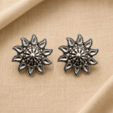 Oxidised floral stud earrings for women silver look ethnic round studs