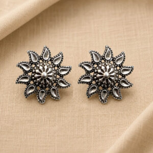 Oxidised floral stud earrings for women silver look ethnic round studs