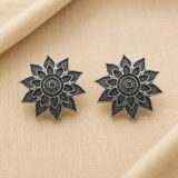 Oxidised lotus floral stud earrings for women silver look ethnic studs