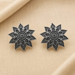 Oxidised lotus floral stud earrings for women silver look ethnic studs