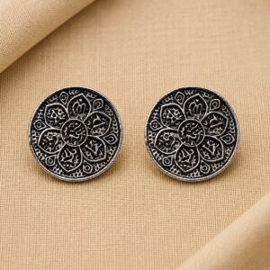 Oxidised round floral stud earrings for women silver look ethnic earrings