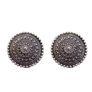 Oxidised round statement stud earrings for women silver look ethnic studs