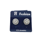 Round American diamond stud earrings for women with white stone halo design