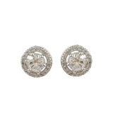 Round American diamond stud earrings for women with white stone halo design