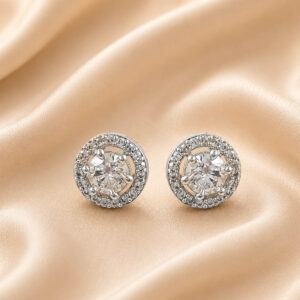 Round American diamond stud earrings for women with white stone halo design