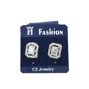 Rectangle American diamond stud earrings for women with white stone halo design