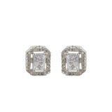 Rectangle American diamond stud earrings for women with white stone halo design